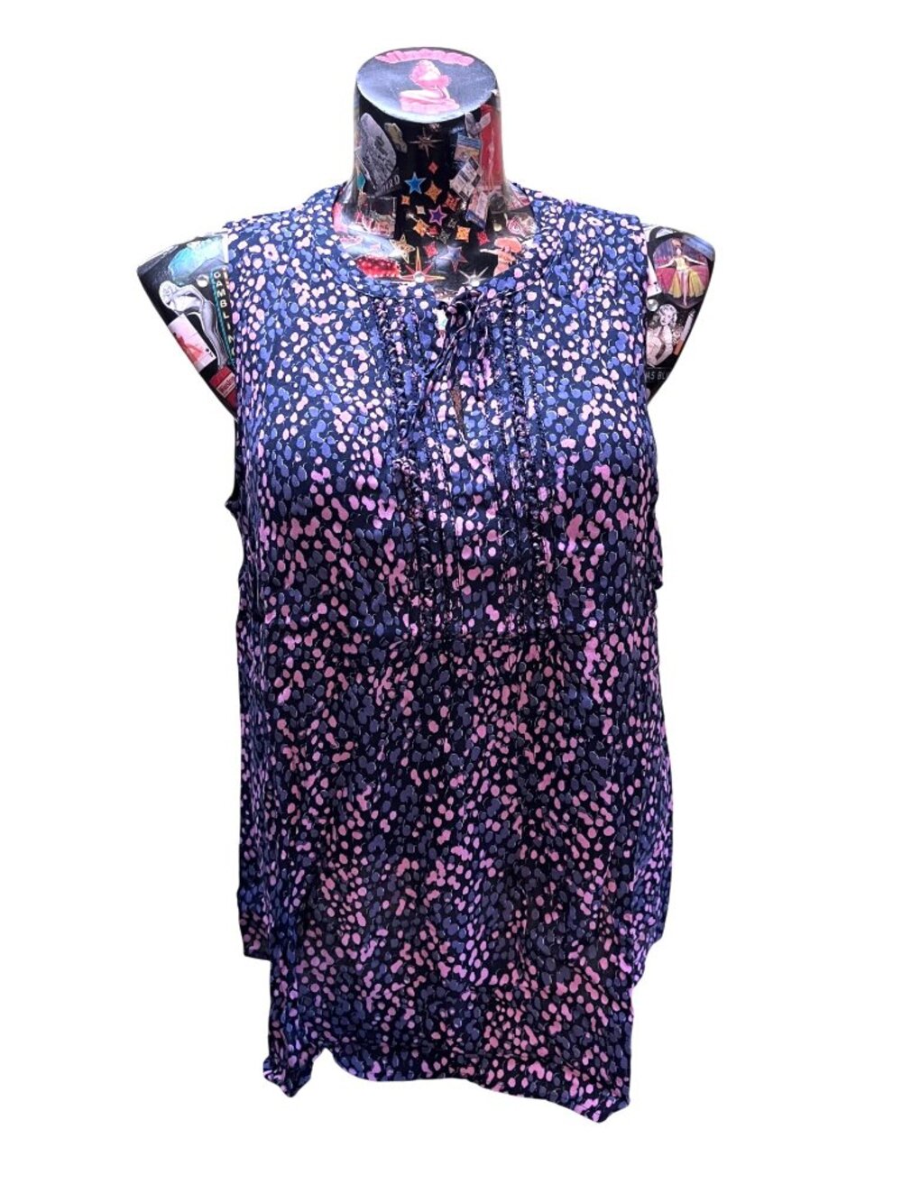 Daniel Rainn Womens Sleeveless Navy & Pink Polka Dot Blouse 100% Rayon